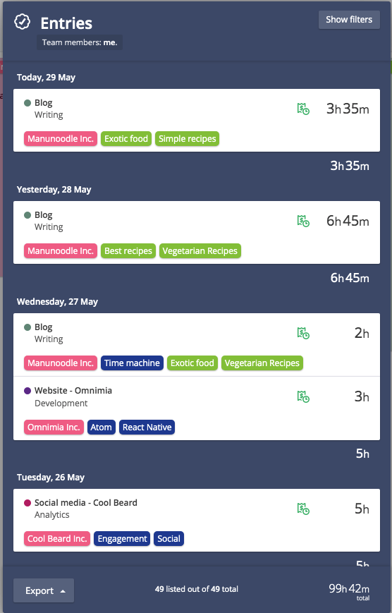 timeneye time entries with tags
