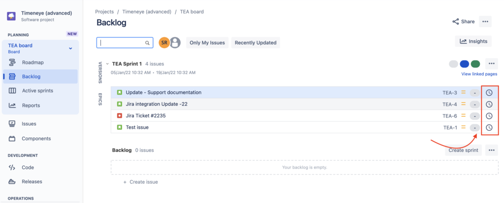 button to track time in jira
