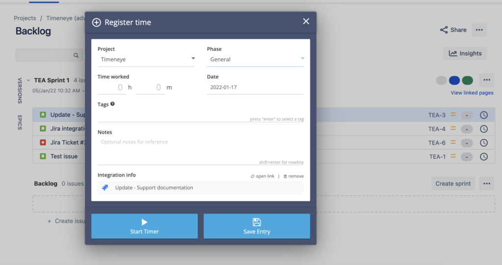 timeneye and jira working together