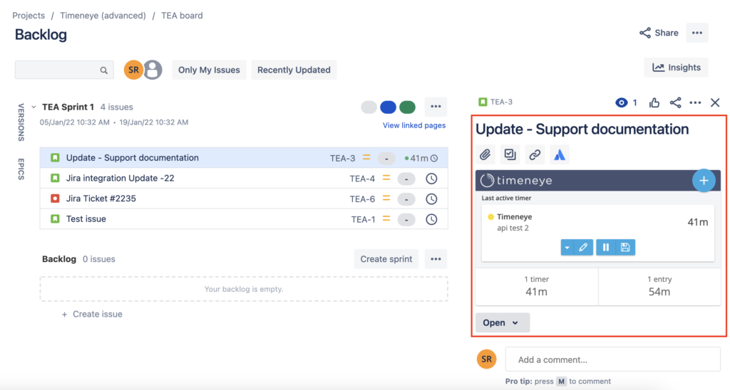 tracking time inside jira
