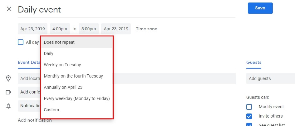 timeneye recurring calendar events