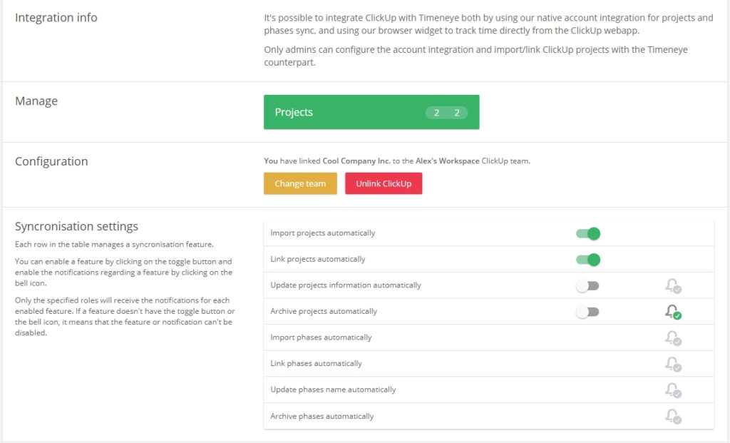 sync clickup and timeneye projects