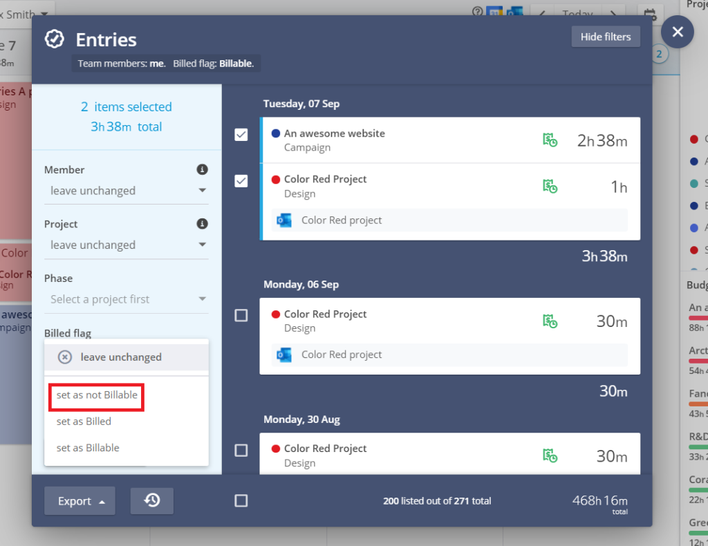 timeneye not billable entries