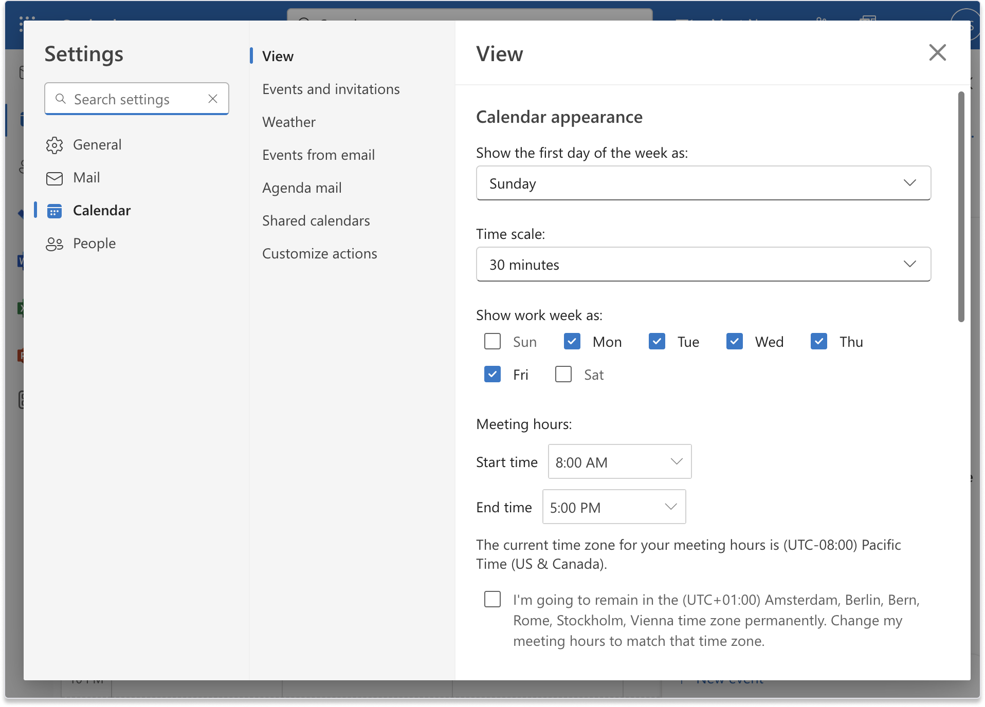 outlook calendar settings