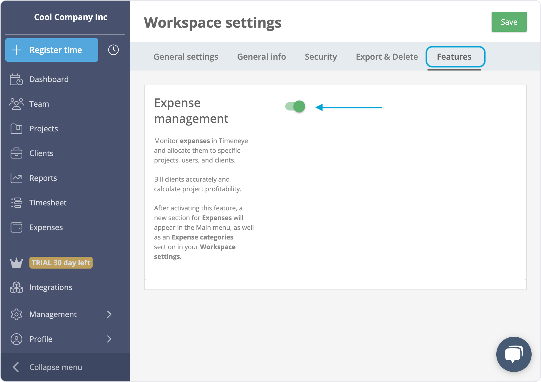 timeneye expenses feature