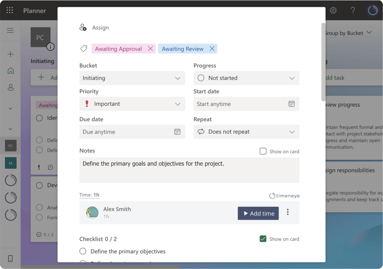 timeneye planner task panel