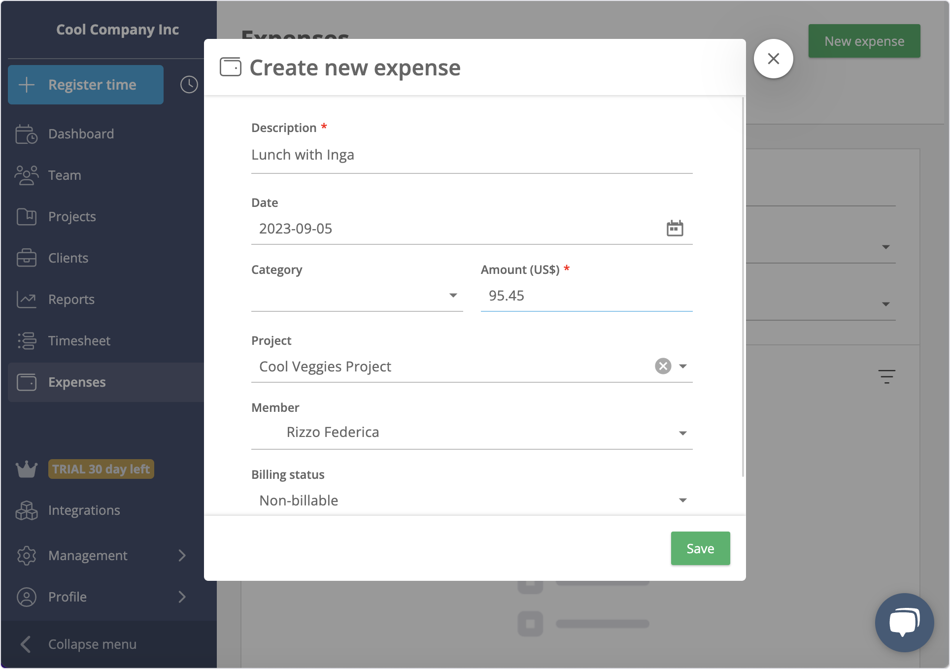 timeneye register expenses