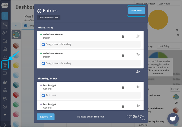 timesheets export filters