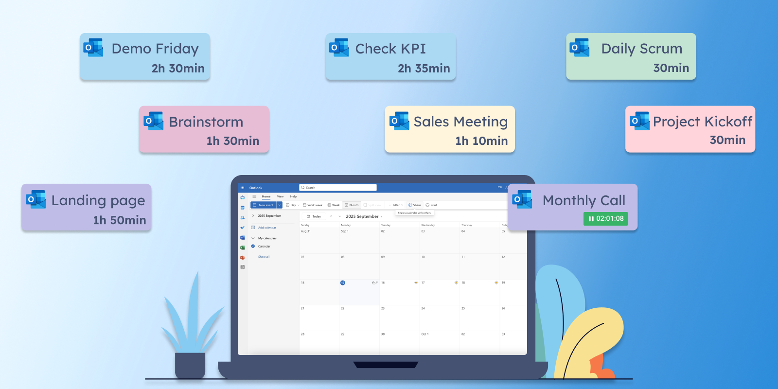 laptop with outlook calendar events and time tracking